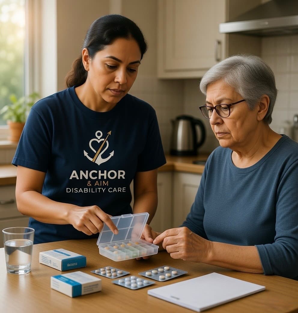 A support worker assisting an elderly woman at a kitchen table with a weekly pill organizer.