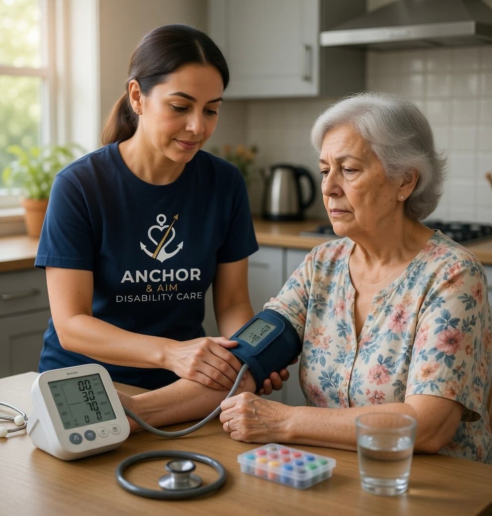 A female nurse taking the blood pressure of an elderly woman at a table with a digital monitor.