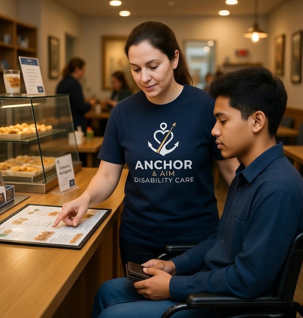 A female support worker helping a young man in a wheelchair order from a menu at a local cafe.