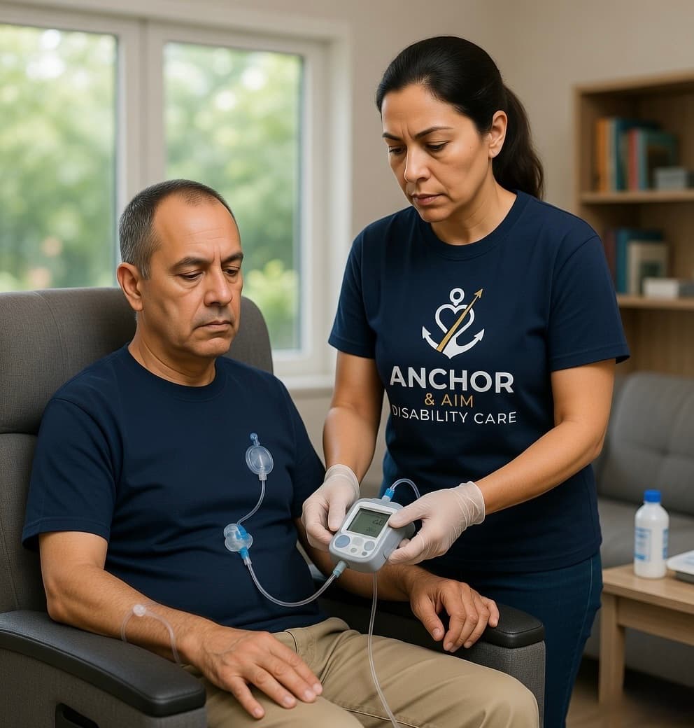 An Anchor & Aim nurse monitoring a medical device connected to a male participant in a recliner chair.