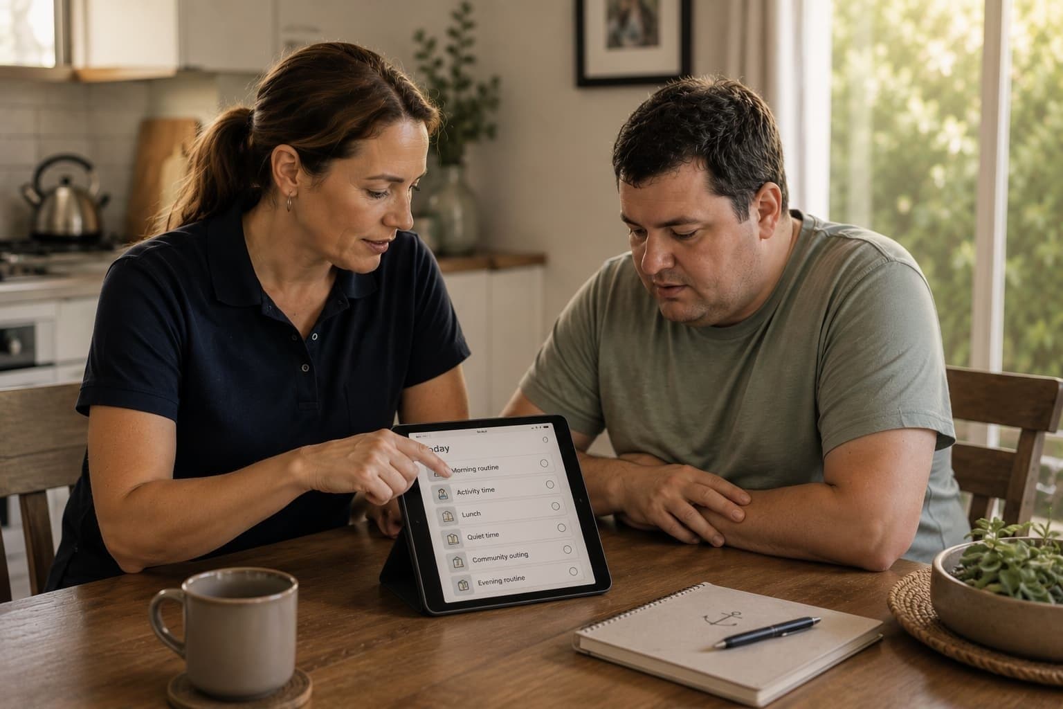 NDIS support worker coordinating daily routines with a participant using a structured visual schedule