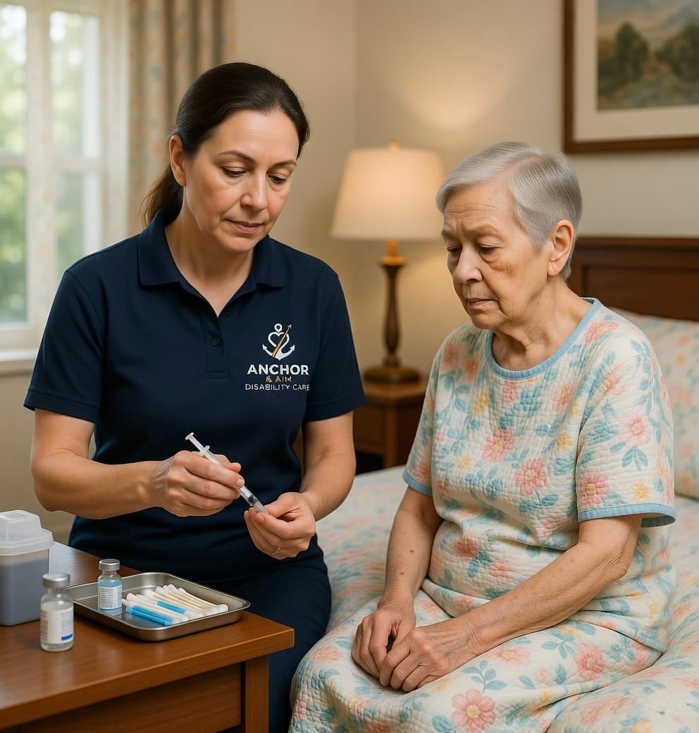A nurse preparing a syringe for a participant in a bedroom setting, following strict clinical protocols.