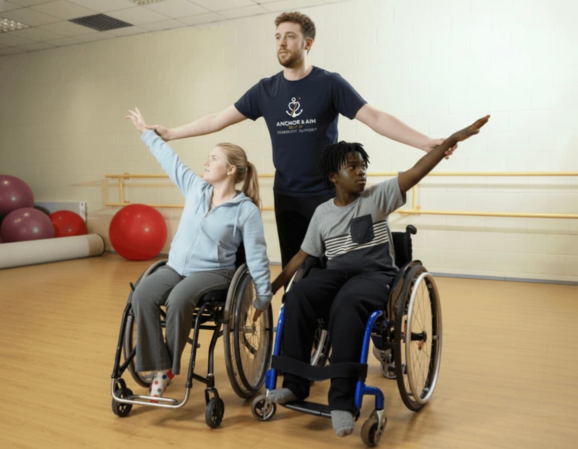 Participants at an adaptive dance class with a support worker
