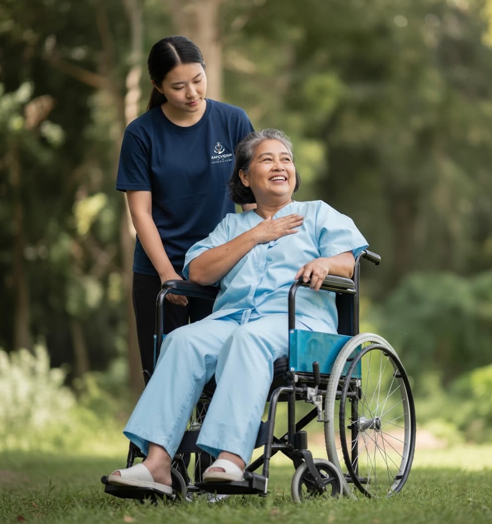 Support worker assisting an elderly woman outdoors