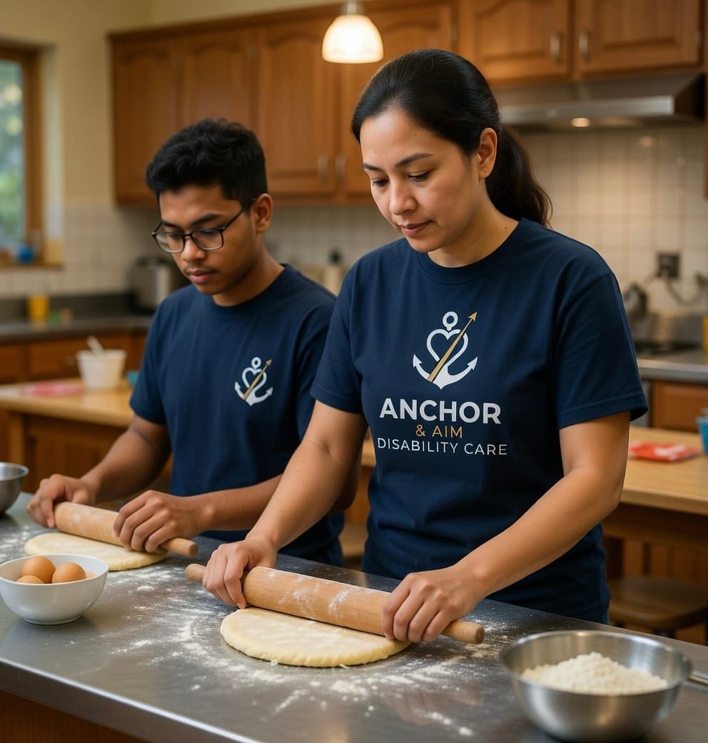 A support worker and a young man in matching Anchor & Aim t-shirts side-by-side in a kitchen using rolling pins.