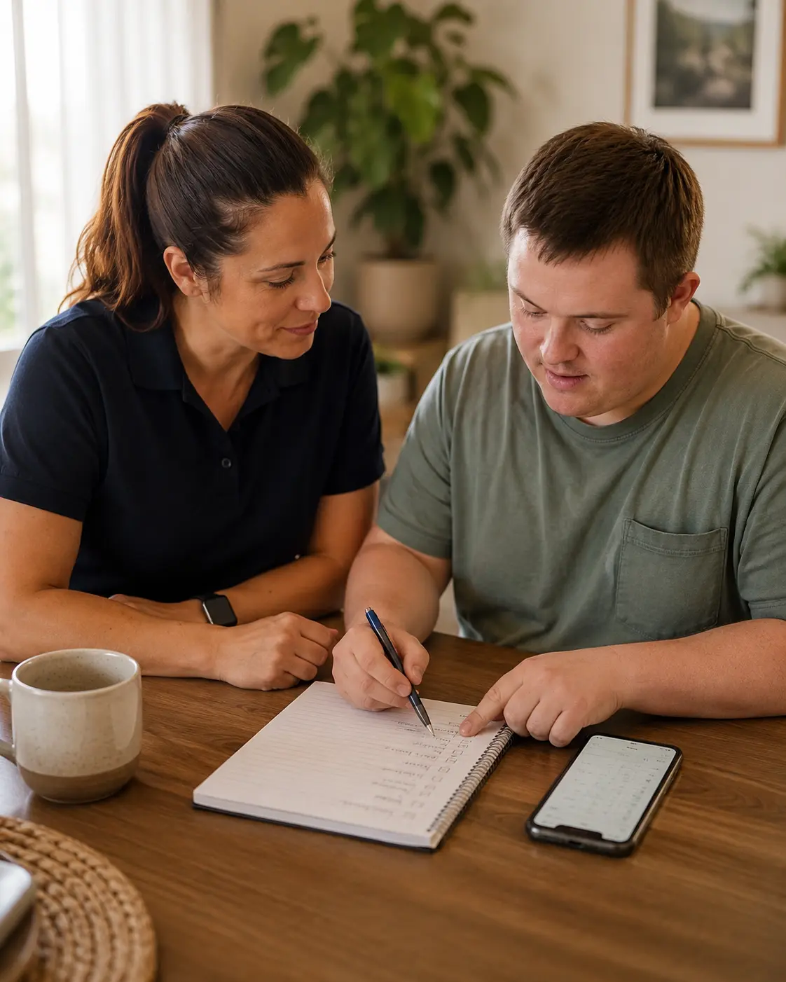 NDIS support worker helping a participant write a weekly checklist at the kitchen table in Melbourne's east