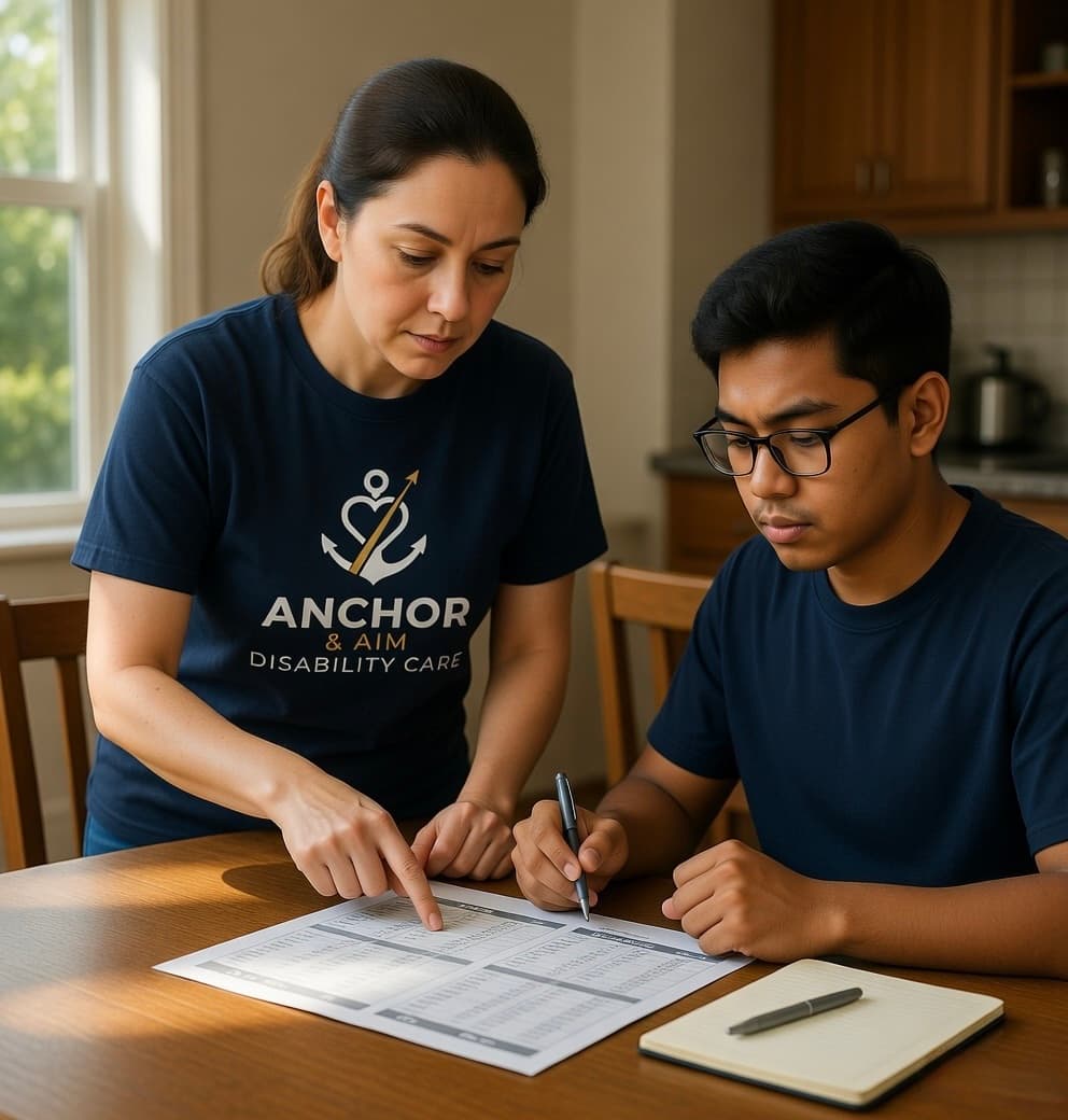 A support worker leaning over a table to guide a young man as he fills out a structured form or budget sheet.