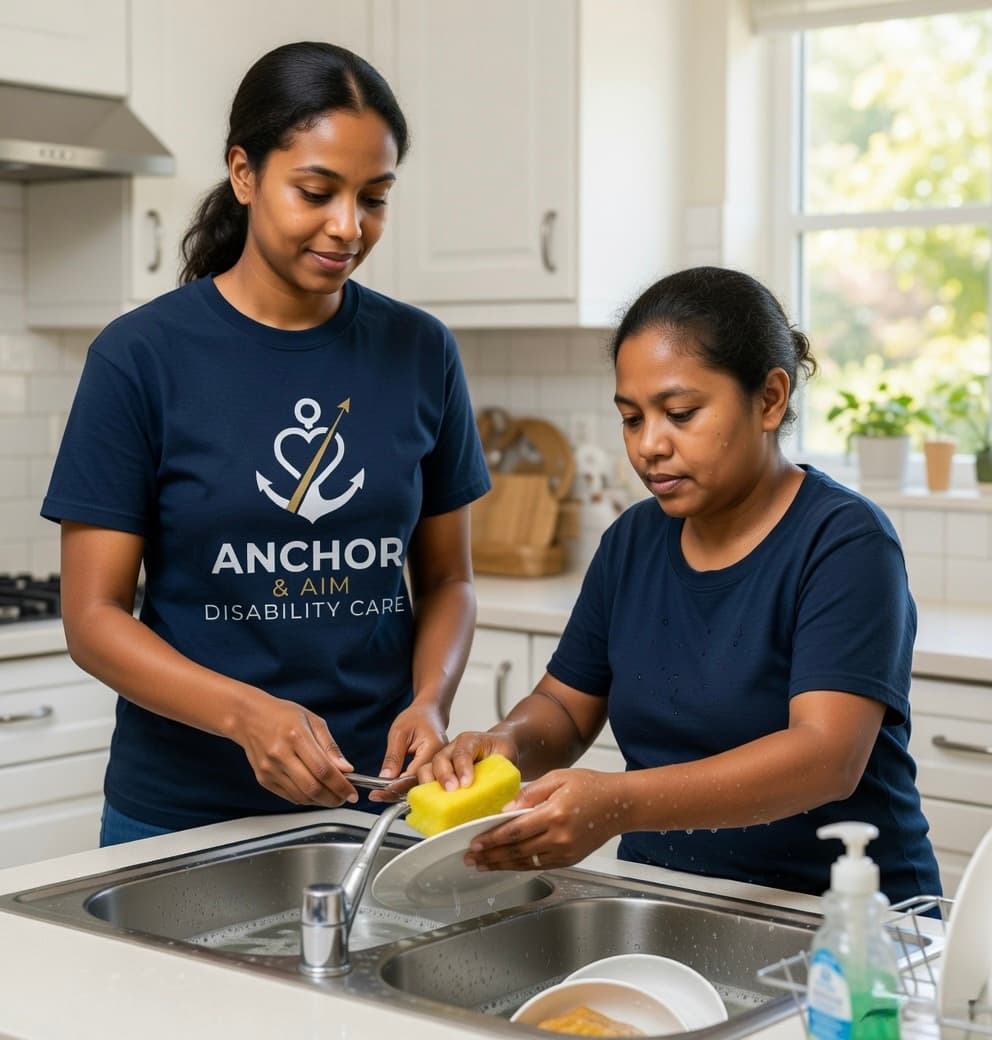 An Anchor & Aim support worker and a female participant washing and drying dishes together in a bright kitchen.