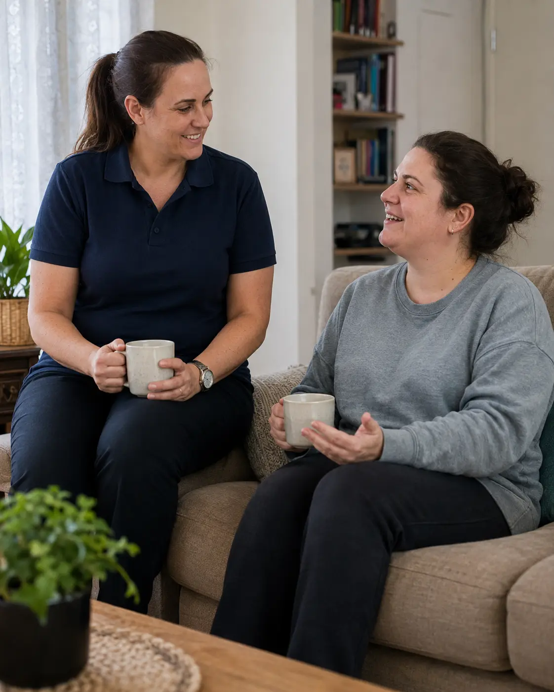 NDIS participant and support worker sharing a relaxed conversation over coffee in their shared home