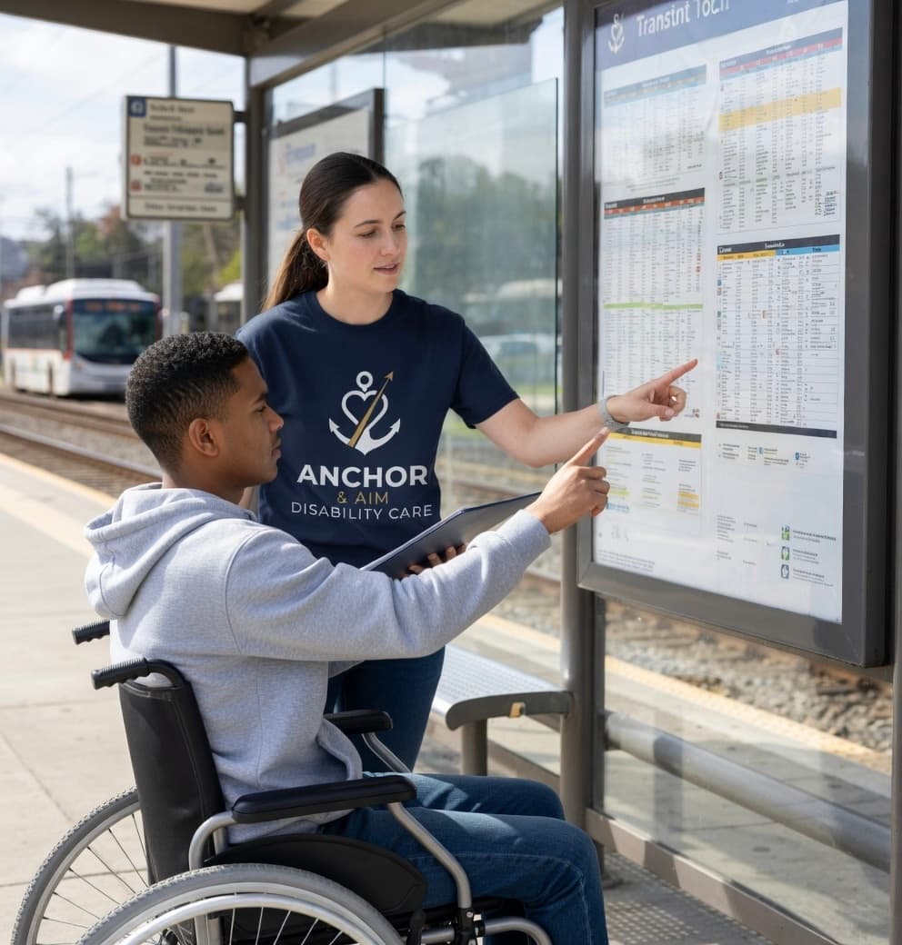 A female support worker pointing at a train timetable board while assisting a young man in a wheelchair at a transit station.